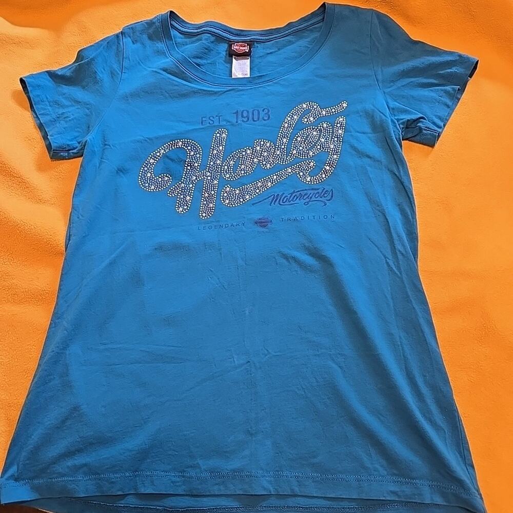Appalachian Harley Davidson blue/silver rhinestone t-shirt Women's Size M